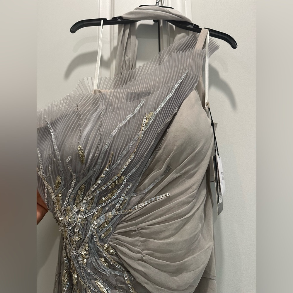Mac Duggal Silver Gray One-Shoulder Pleated Sequin Prom Dress